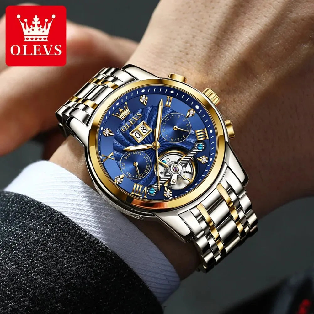 OLEVS 9910 Tourbillon Automatic Watch for Men Luxury Skeleton Men's Mechanical Wristwatch Stainless Steel Top Original Man Watch