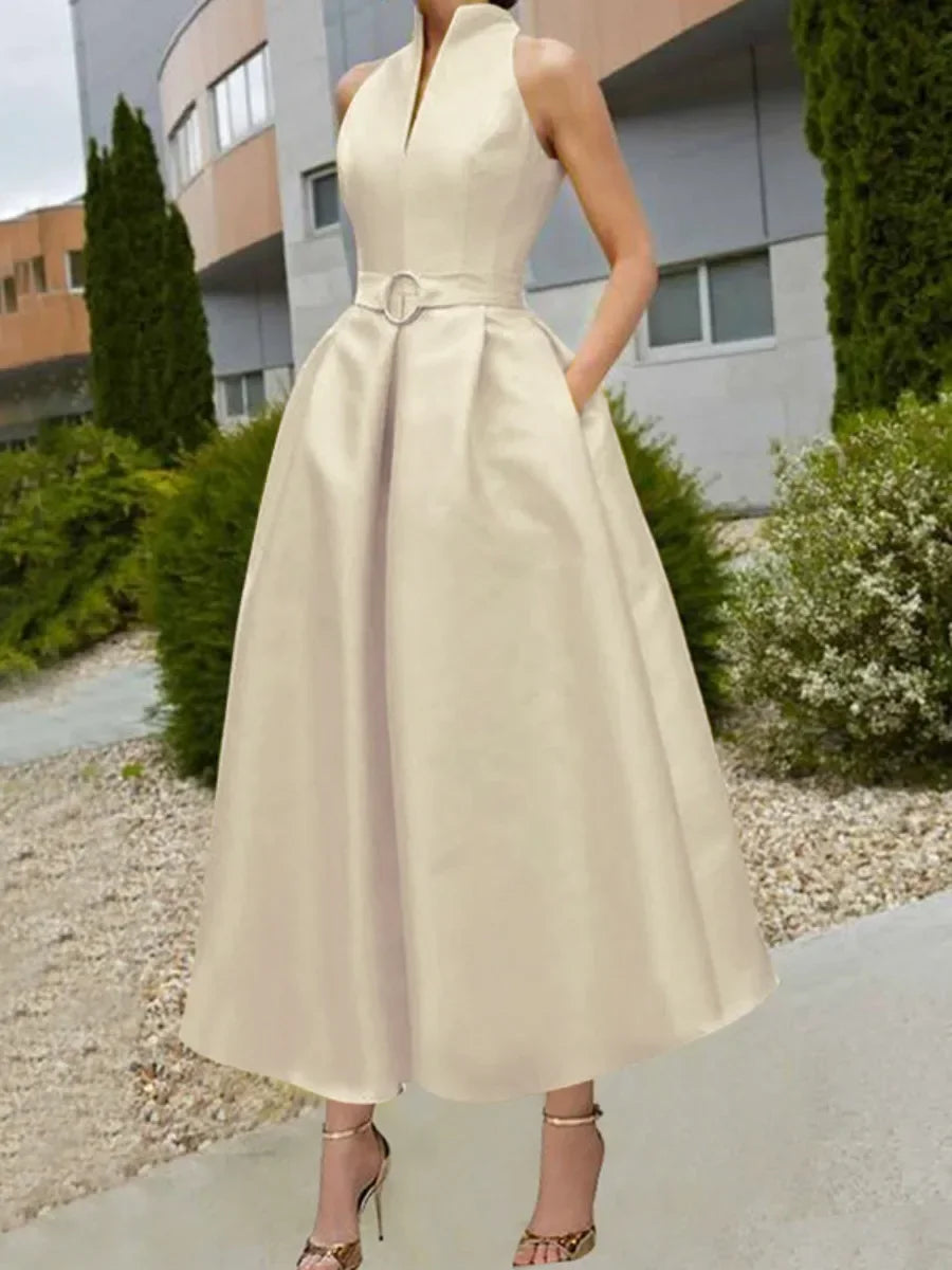 Women's Chic Elegant Long Dress Belted A-line Party 2024 New Summer Sleeveless V-neck Midi Dresses for Lady