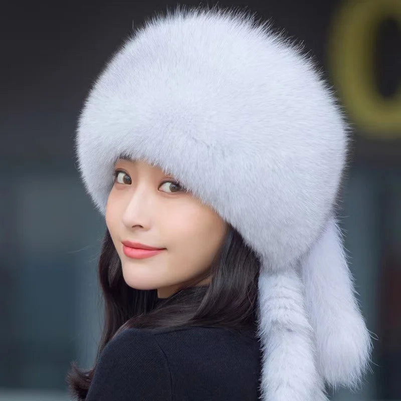 Real Fox Fur Hat Winter Natural Fur Snow Hat For Ladies Thick Outdoor Beanies Caps Russians Skiing Hats Bomber White Fur Caps