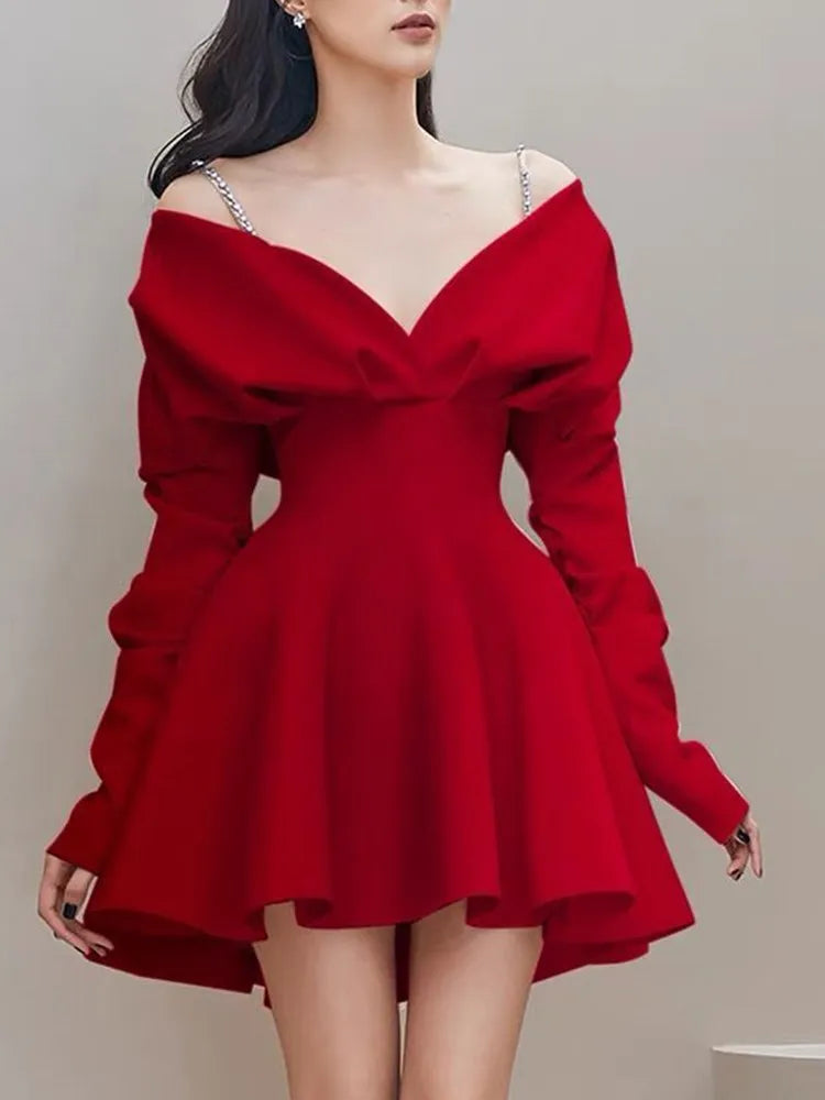 VGH solid patchwork chain temperament dress for women v neck long sleeve high waist spliced folds elegant dresses female fashion