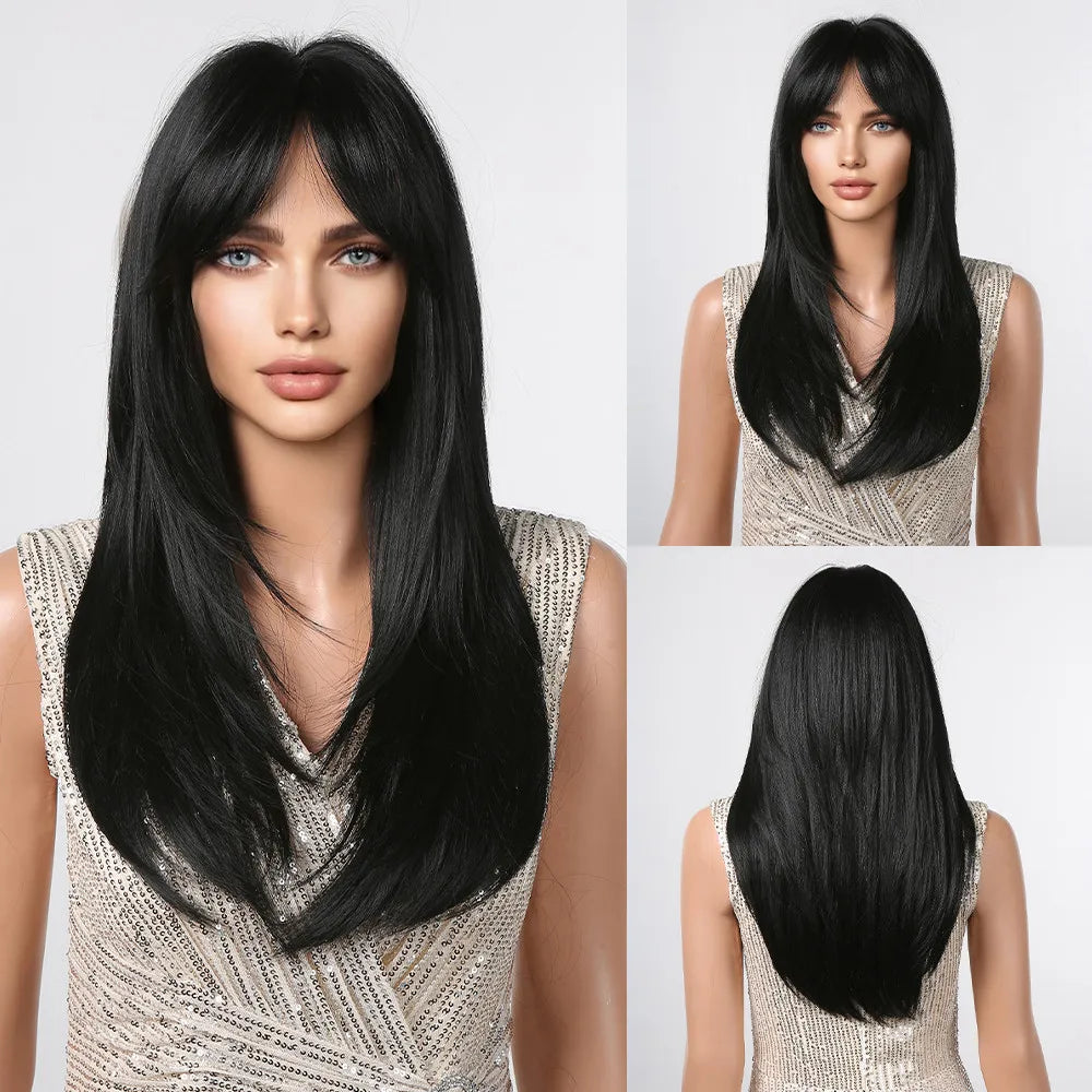 KIMLUD, Ombre Synthetic Straight Cosplay Women Hair Platinum Blonde to Black Hair Long Layered Natural Wigs with Bangs for White Women, Wig-LC2068-8, KIMLUD APPAREL - Womens Clothes