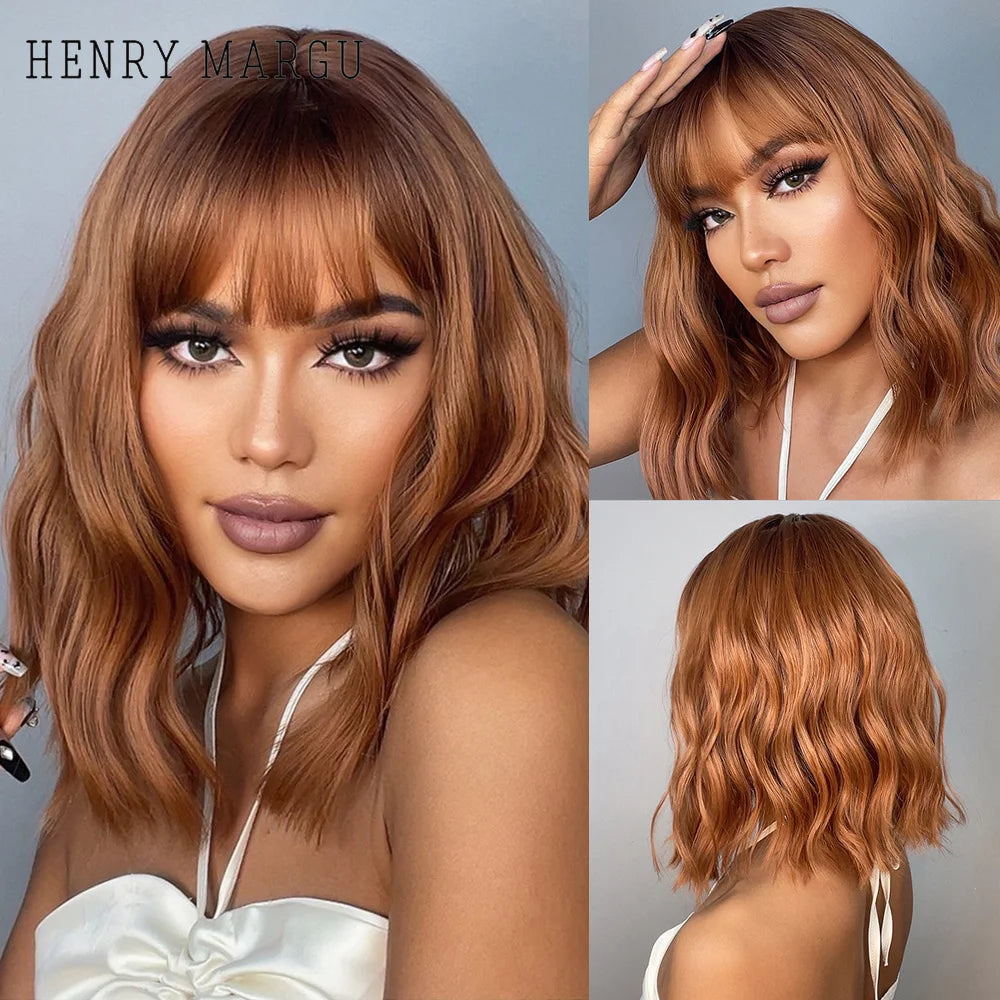 KIMLUD, HENRY MARGU Red Copper Ginger Synthetic Wigs with Bangs Medium Water Wave Natural Bob Daily Hair Wigs for Women Heat Resistant, LC031-1 wig, KIMLUD APPAREL - Womens Clothes