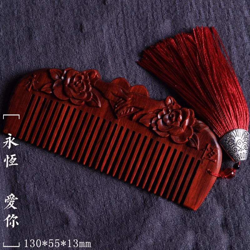 Natural Rhinoceros Horn Small Leaf Red Sandalwood Carved Wood Comb Retro Style Massage Comb Gifts with comb - KIMLUD