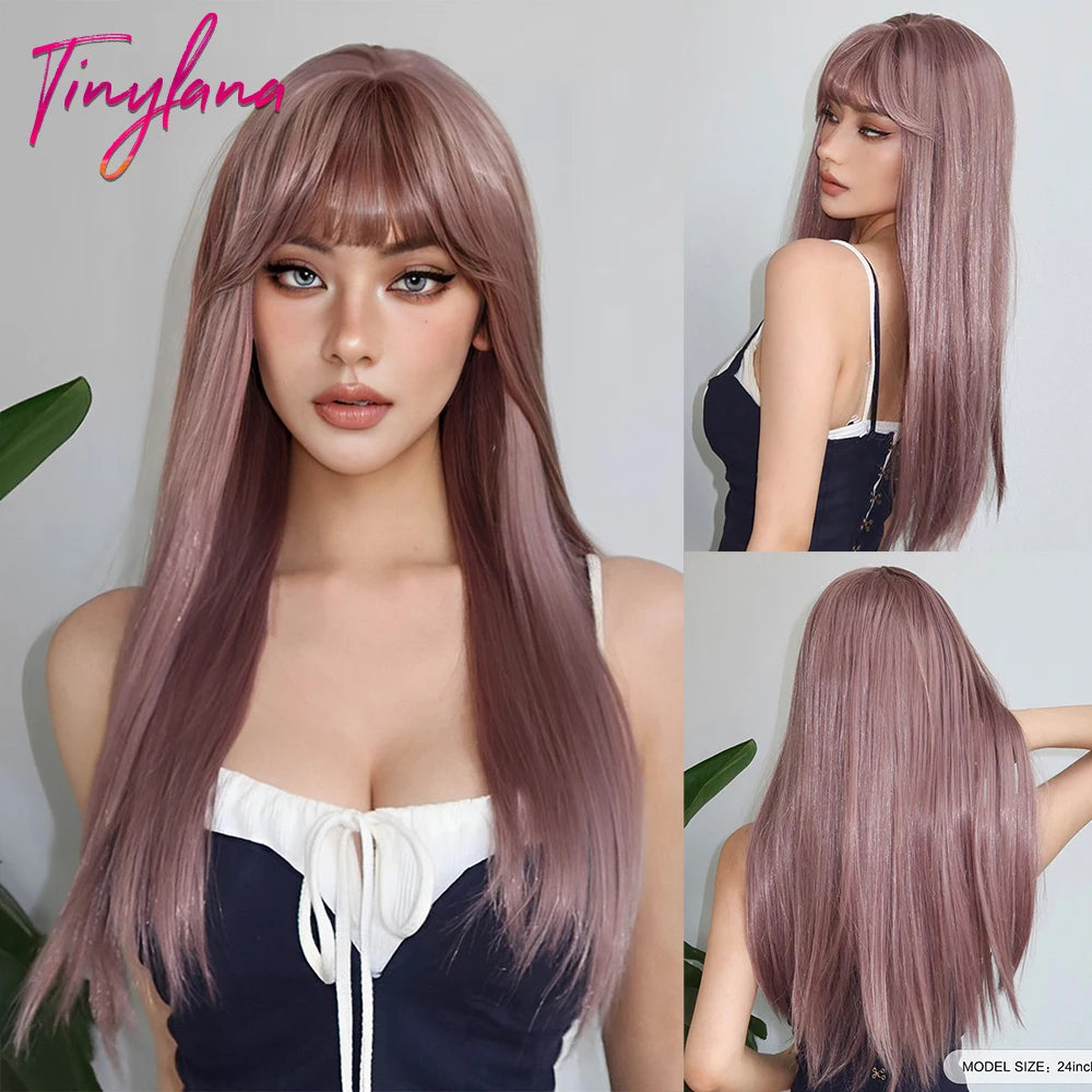 KIMLUD, Long Straight Pink Mixed White Synthetic Wigs with Bangs Halloween Cosplay Colorful Wigs for Women Natural Hair Heat Resistant, WL1160-1 / CN, KIMLUD APPAREL - Womens Clothes