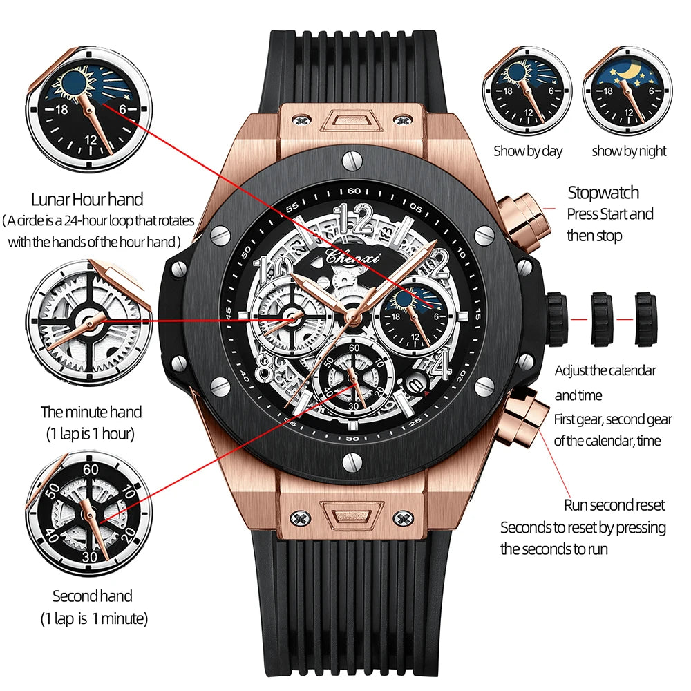 2024 CHENXI Mens Watches Top Brand Luxury Black Silicone Strap Sports Military Watch Men Waterproof Watches Stopwatch Moon Phase