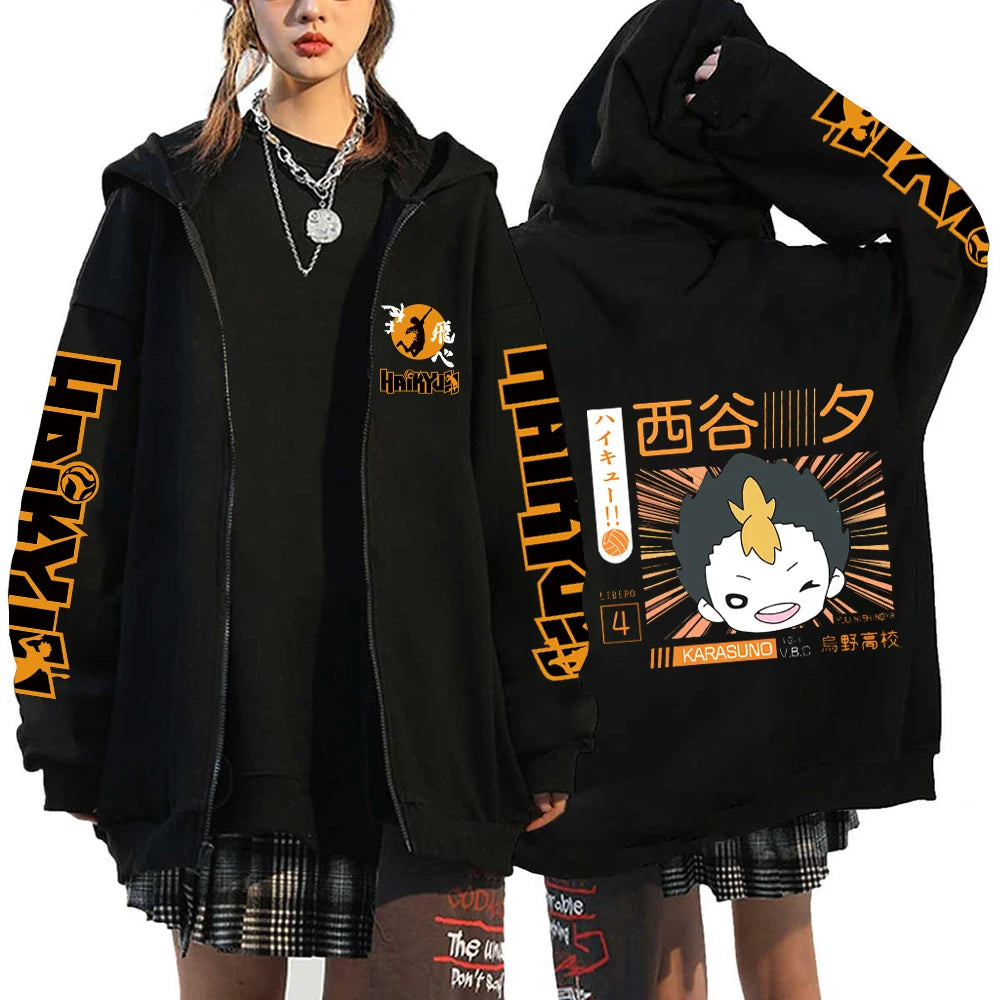 Women Men Anime Hoodie Haikyuu Zip Up Jacket Karasuno High School Plus Size Sweatshirt Harajuku Unisex Autumn Warm Streetwear