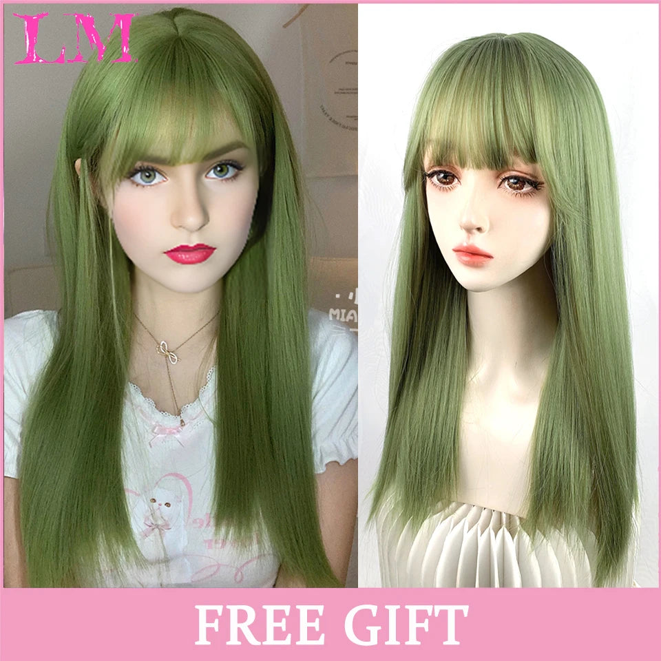 LM Long Natural Wavy Platinum Blonde Pink Wigs with Bangs Cosplay Party Lolita Synthetic Wigs for Women Heat Resistant Fiber