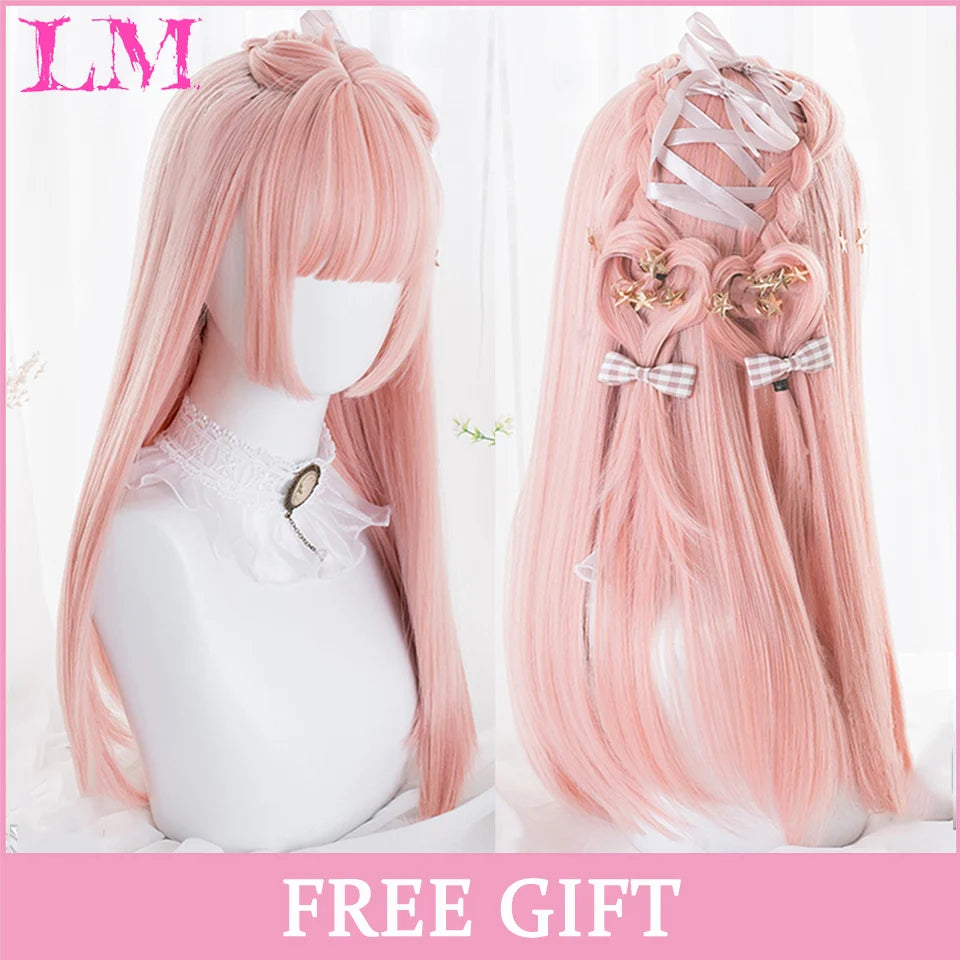 LM Long Natural Wavy Platinum Blonde Pink Wigs with Bangs Cosplay Party Lolita Synthetic Wigs for Women Heat Resistant Fiber