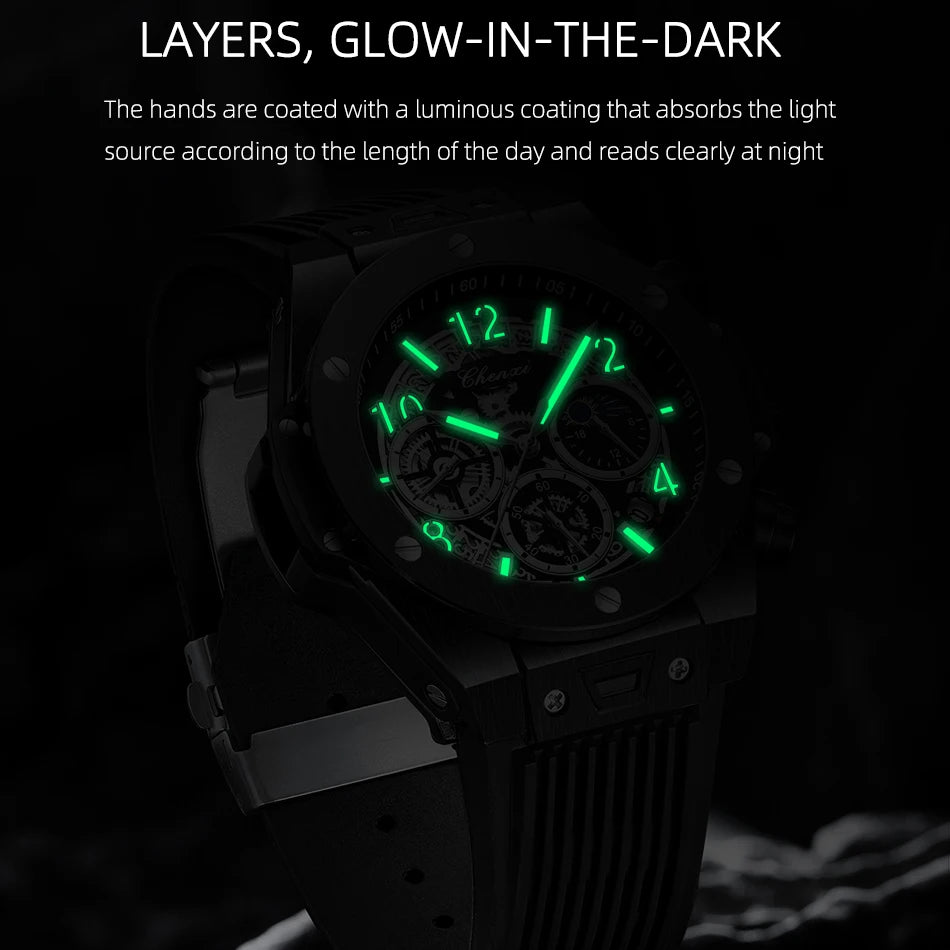 2024 CHENXI Mens Watches Top Brand Luxury Black Silicone Strap Sports Military Watch Men Waterproof Watches Stopwatch Moon Phase