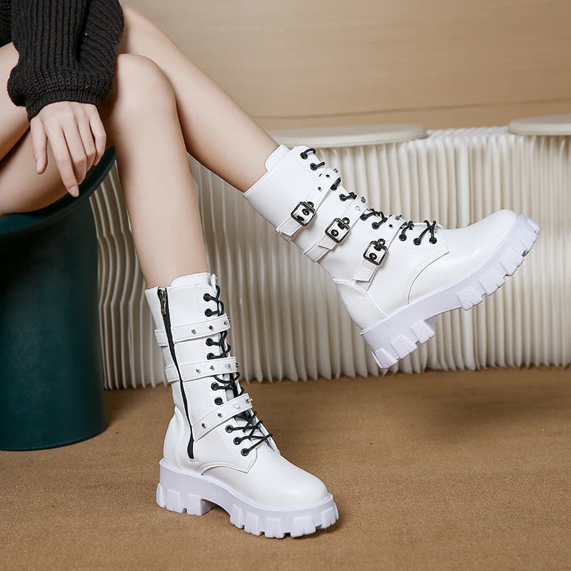 KIMLUD, WOMEN ANKLE BOOTS Goth Boots Woman Winter 2022 Platform Shoes Sneakers Studded Belt Buckle Punk Army Chunky Heels Mid Calf Boots, KIMLUD Womens Clothes