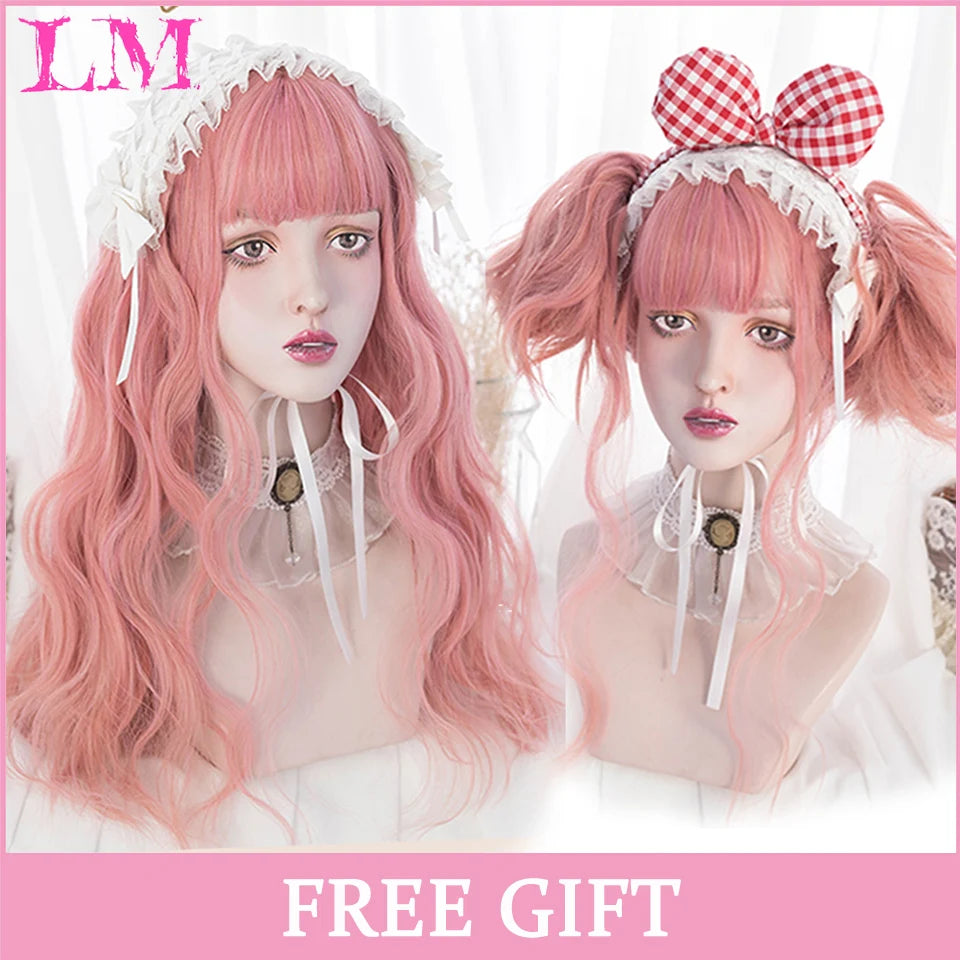 LM Long Natural Wavy Platinum Blonde Pink Wigs with Bangs Cosplay Party Lolita Synthetic Wigs for Women Heat Resistant Fiber