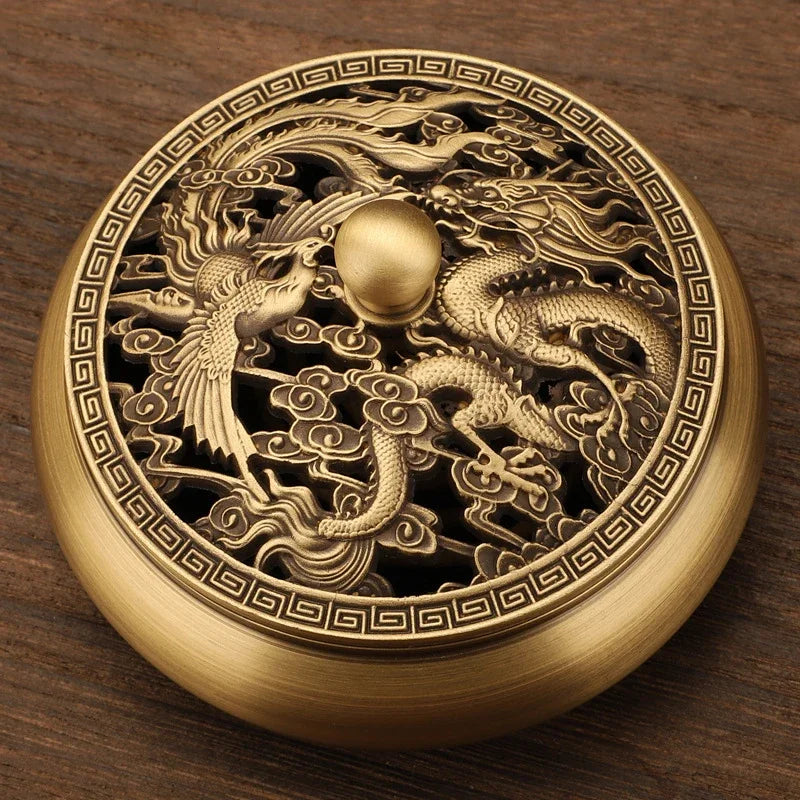 Beautiful Dragon and Phoenix Carved Copper Incense Burner Brass Incense Holder with Cover Sandalwood Round Censer Home Decor