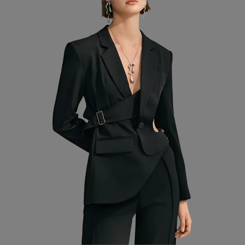 VGH Irregular Hollow Out Elegant Blazer For Women Notched Collar Long Sleeve Spliced Button Temperament Slimming Blazers Female