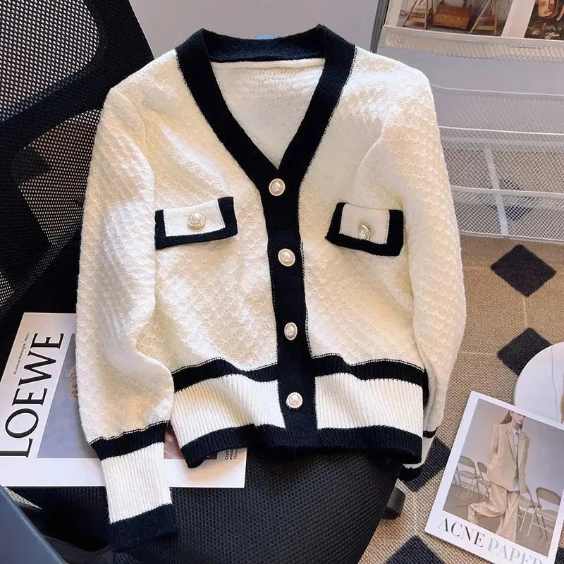 KIMLUD, Spring Autumn Color Blocking Tweed Style Women's Petite Cropped Sweater Jacket Long Sleeve Knitted Cardigan Top Versatile, S Recommendation 40.00 kg-47.50 kg / creamy-white, KIMLUD APPAREL - Womens Clothes