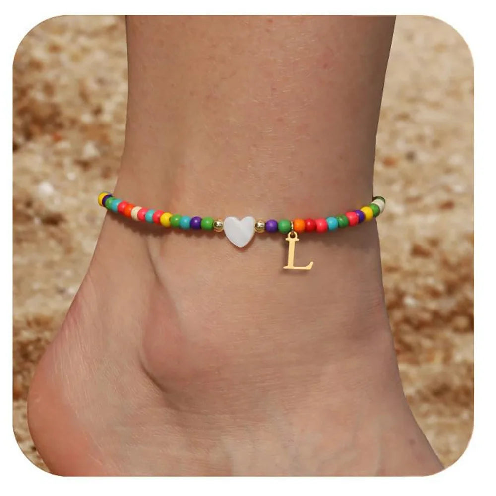 KIMLUD, Rainbow Round Beads Anklet Stainless Steel Love Heart 26 Letters A-Z Pendant Anklets For Women Boho Gold Color Ankle Bracelet, L, KIMLUD APPAREL - Womens Clothes