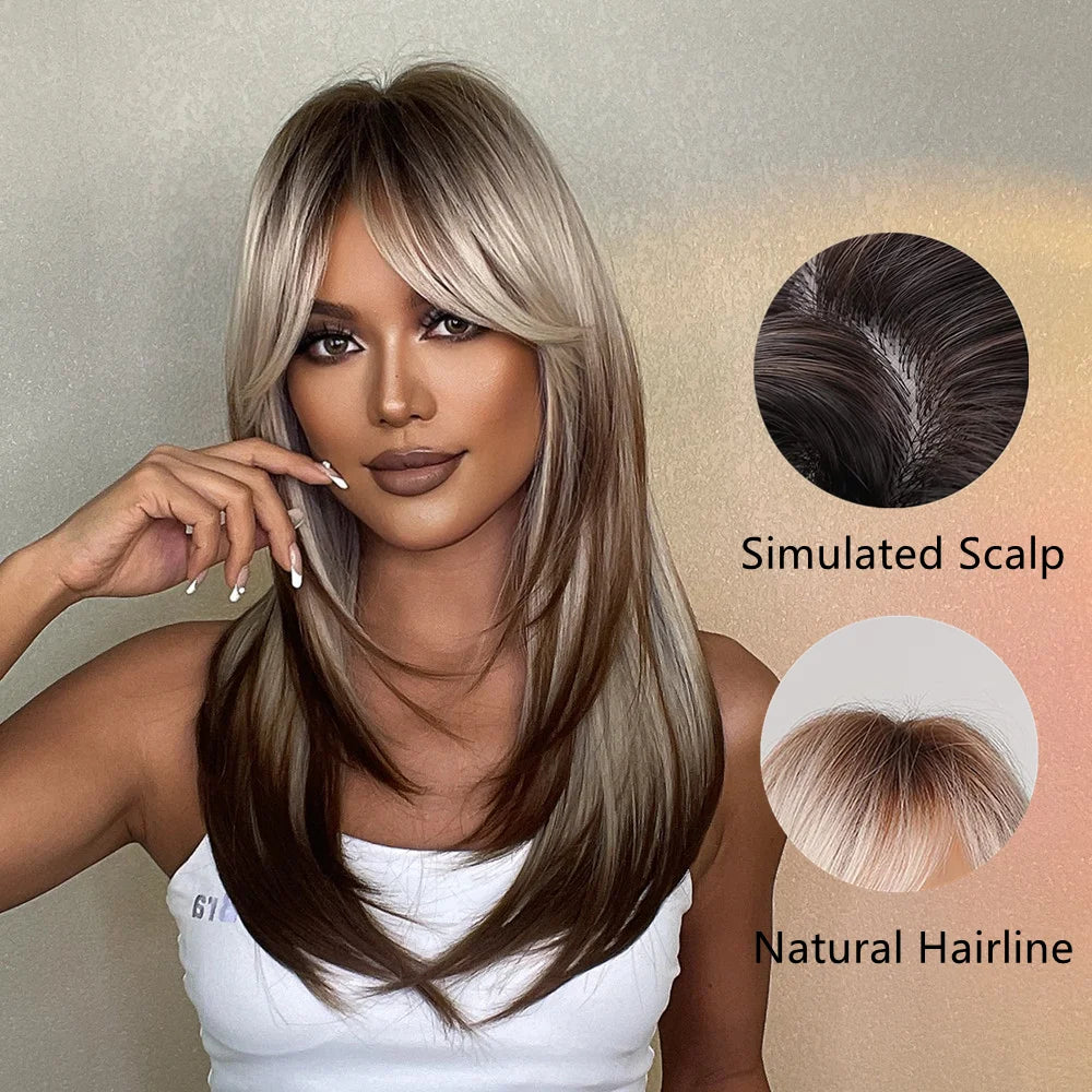 KIMLUD, ALAN EATON Blonde Layered Synthetic Wigs for Women Long Straight Brown Highlights Wigs with Bangs Balayage Hair Heat Resistant, KIMLUD Womens Clothes