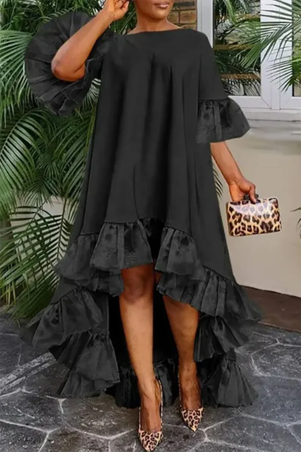 Plus Size Summer Dress For Women Black Round Neck Mash Patchwork Ruffles Irregular Hem Flare Sleeve High Street Midi Dress