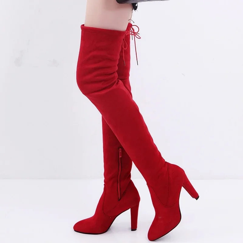 KIMLUD, Sexy Party Fashion Suede Leather Shoes Women Over The Knee Heels Boots Stretch Flock Pointed Thick Heel Botas Black Long Boots, KIMLUD Womens Clothes