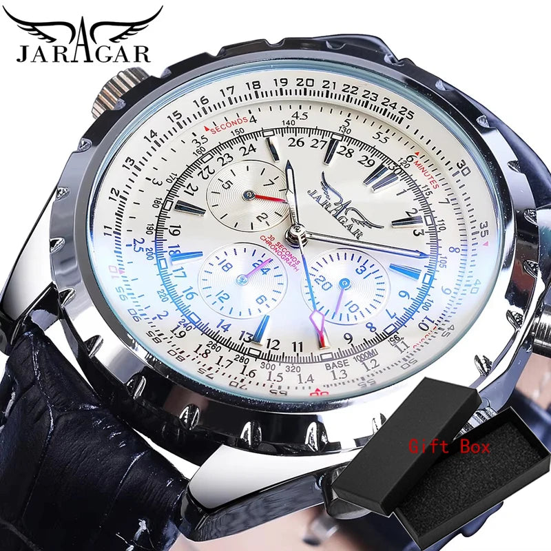 KIMLUD, Jaragar Automatic Mechanical Calendar Sport Watches Pilot Design Men's Wrist Watch Top Brand Luxury Fashion Male Leather, White, KIMLUD APPAREL - Womens Clothes