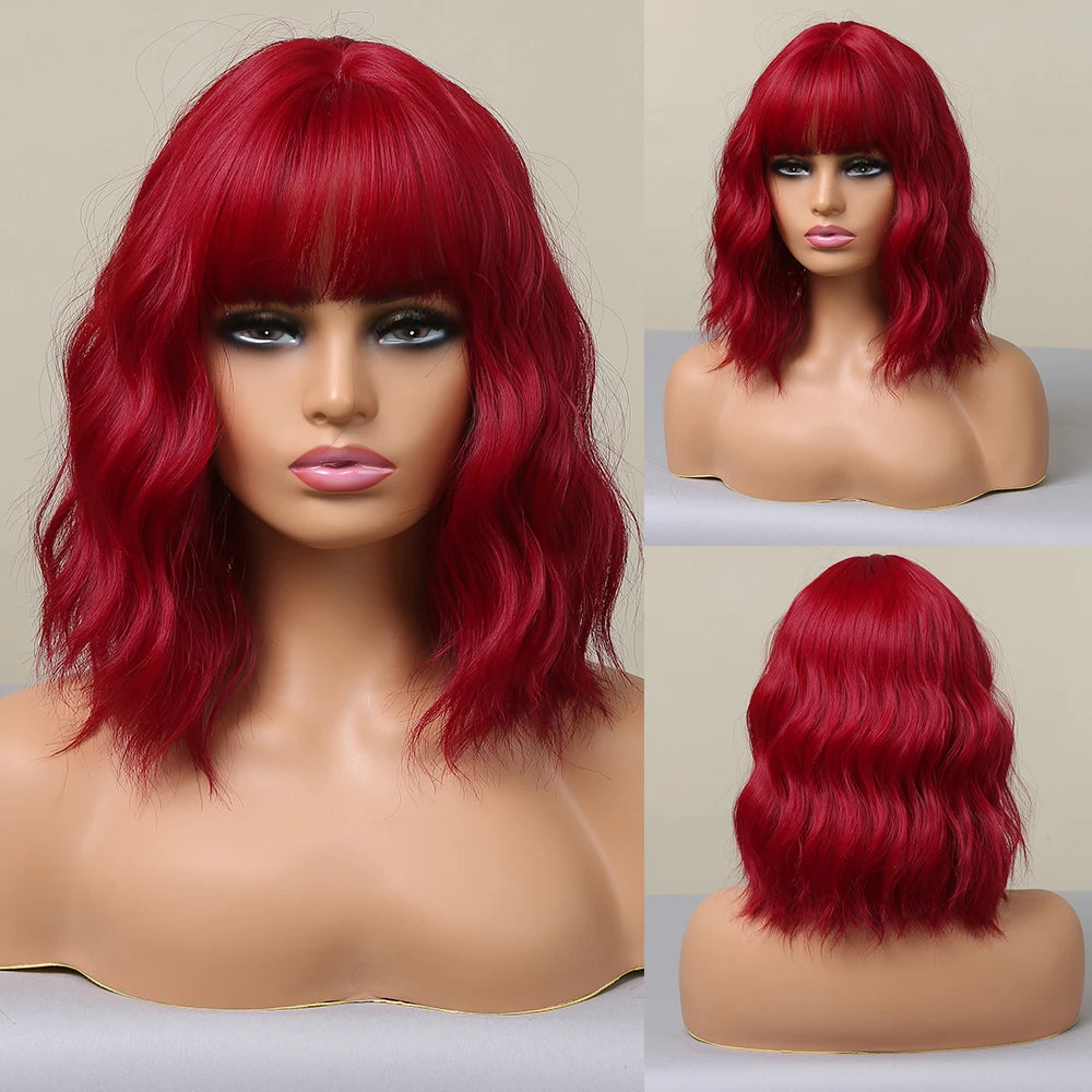 KIMLUD, HENRY MARGU Red Copper Ginger Synthetic Wigs with Bangs Medium Water Wave Natural Bob Daily Hair Wigs for Women Heat Resistant, LC052-1 wig, KIMLUD APPAREL - Womens Clothes