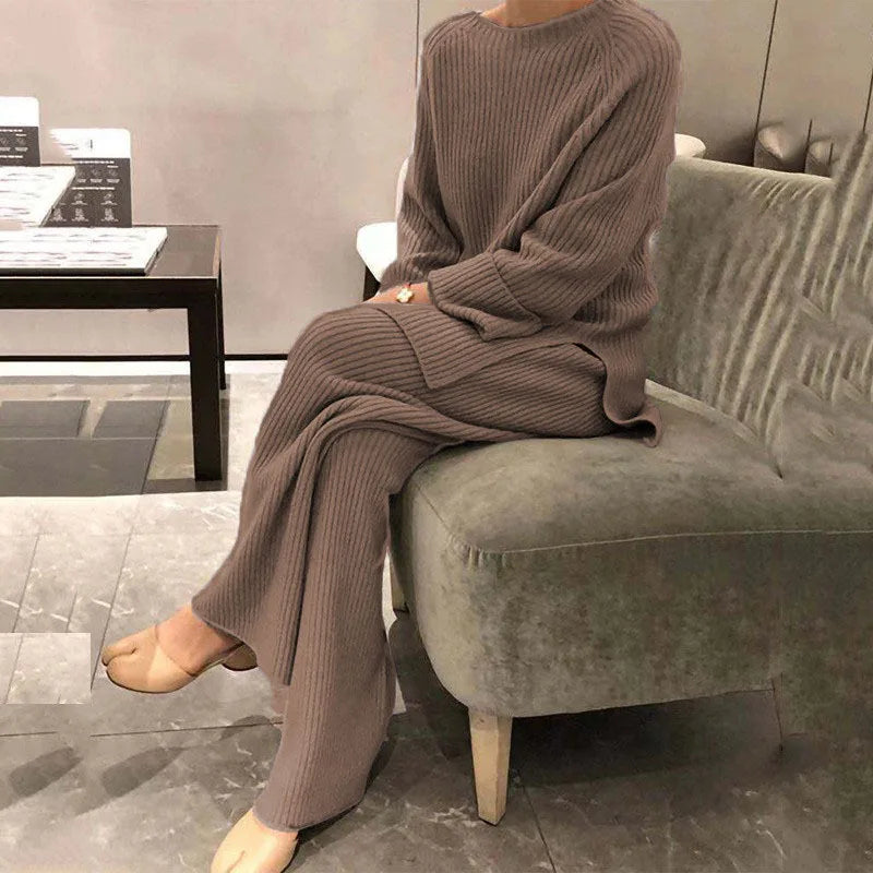 Autumn/winter Fashion Casual O-Neck Pullover Tops Knitted Pant New Homewear Pajama Winter Solid Women Two Piece Set Homewear