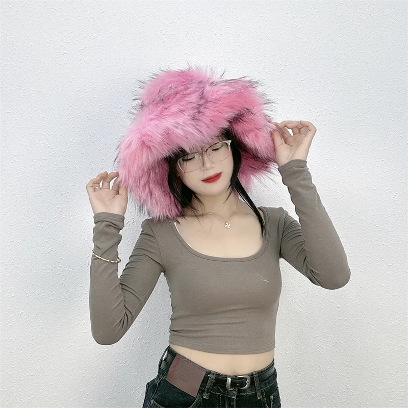 Winter Women Faux Fur Bucket Hat Warm Raccoon Fur Hat Oversize Outdoor Punk Hat Girl Fashion Long Fur Bucket Hat Furry Cute Cap