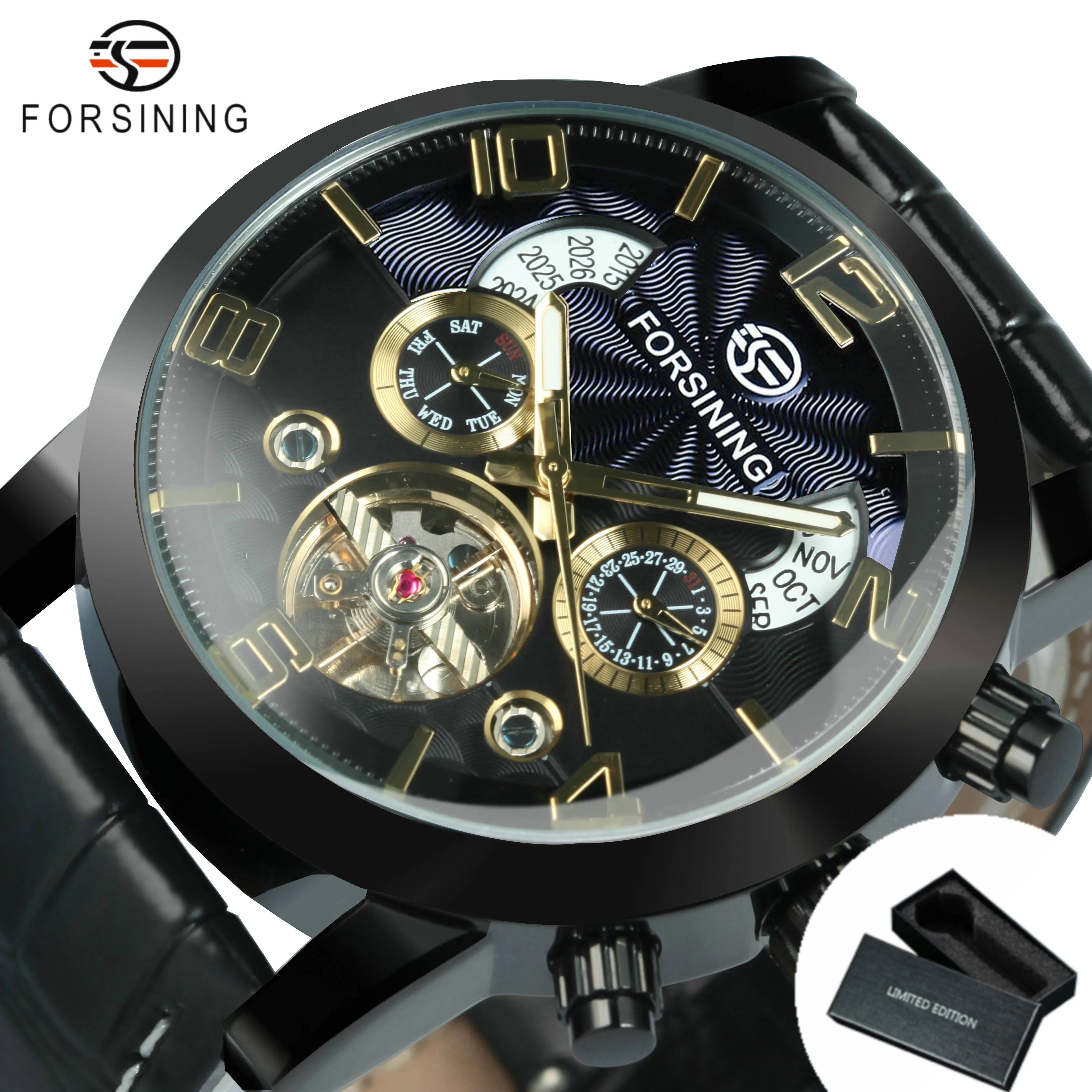 KIMLUD, Forsining Classic Tourbillon Men Mechanical Wristwatches Top Brand Luxury Multifunction Automatic Watch Leather Strap Male Clock, BOX BLACK, KIMLUD APPAREL - Womens Clothes