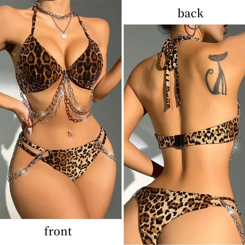 KIMLUD, Two Piece Women's Leopard Print Bikini Lingerie Set Women's Printed Leopard Print with Chain Triangle Cut Sexy Lingerie Set, KIMLUD Womens Clothes