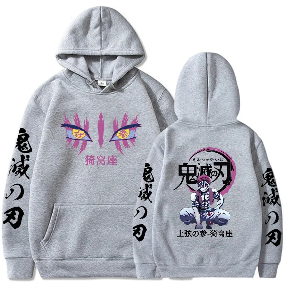 KIMLUD, Japanese Anime Demon Slayer Hoodies for Men Akaza Manga Graphic Streetwear Pullover Hoody Long Sleeve Crewneck Hooded Sweatshirt, GRAY / S, KIMLUD APPAREL - Womens Clothes