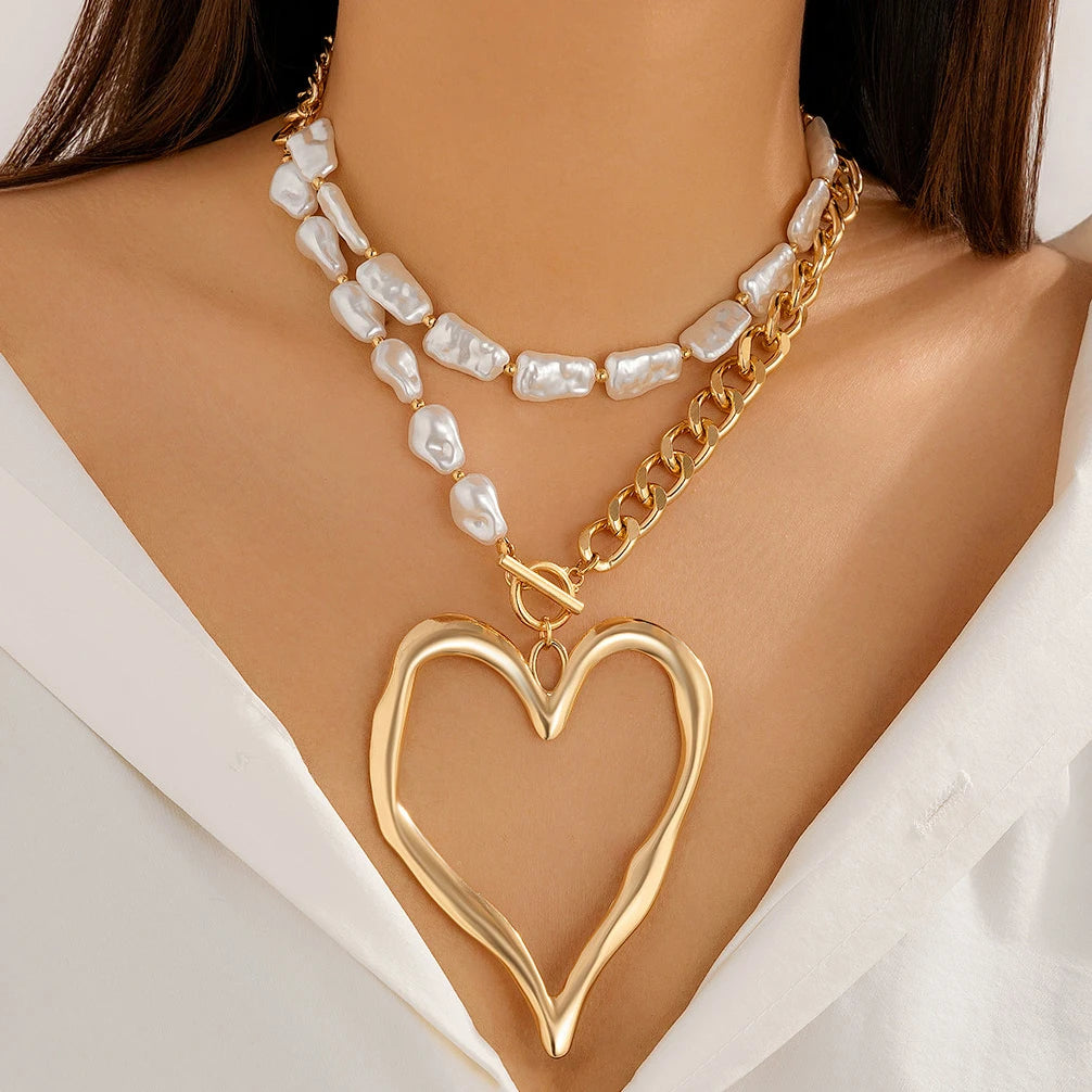 Ingemark 2Pcs/Set Exaggerated Big Love Heart Pendant Choker Nekclace for Women Wed Bridal Goth Imitation Pearl Chain Y2K Jewelry