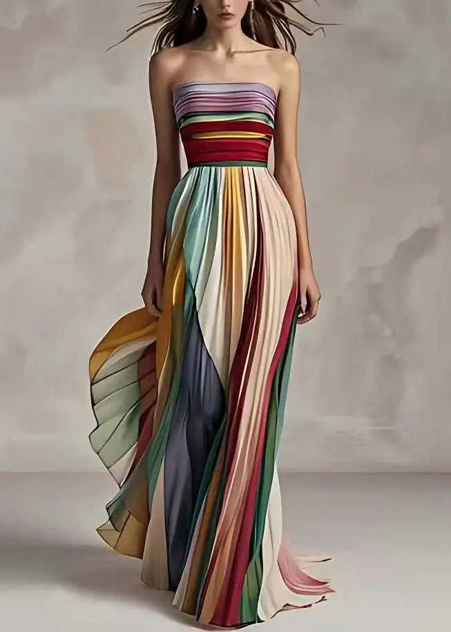 Holiday Sleeveless Patchwork Sexy Dress, Women Summer Strapless Printing Maxi Dress, 2025 Simple Backless Elegant Ladies Dress
﻿