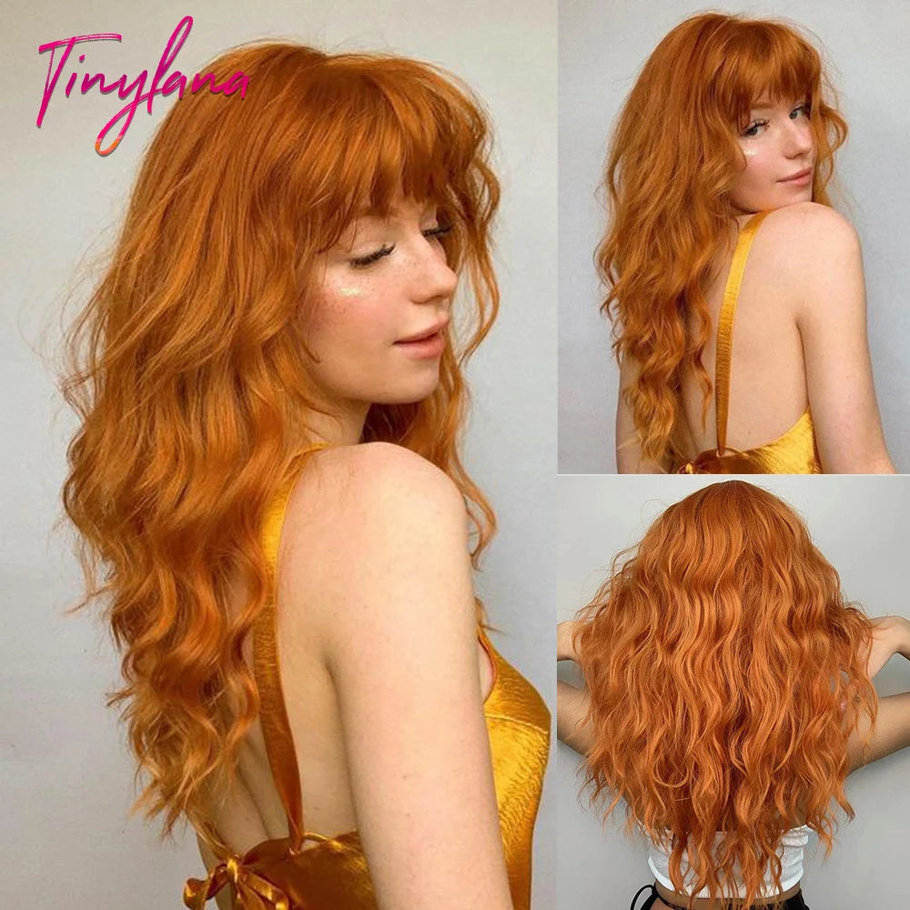 Cosplay Ginger Orange Long Curly Synthetic Wigs with Bangs Deep Wave Lolita Hair for Women Halloween Party Daily Heat Resistant