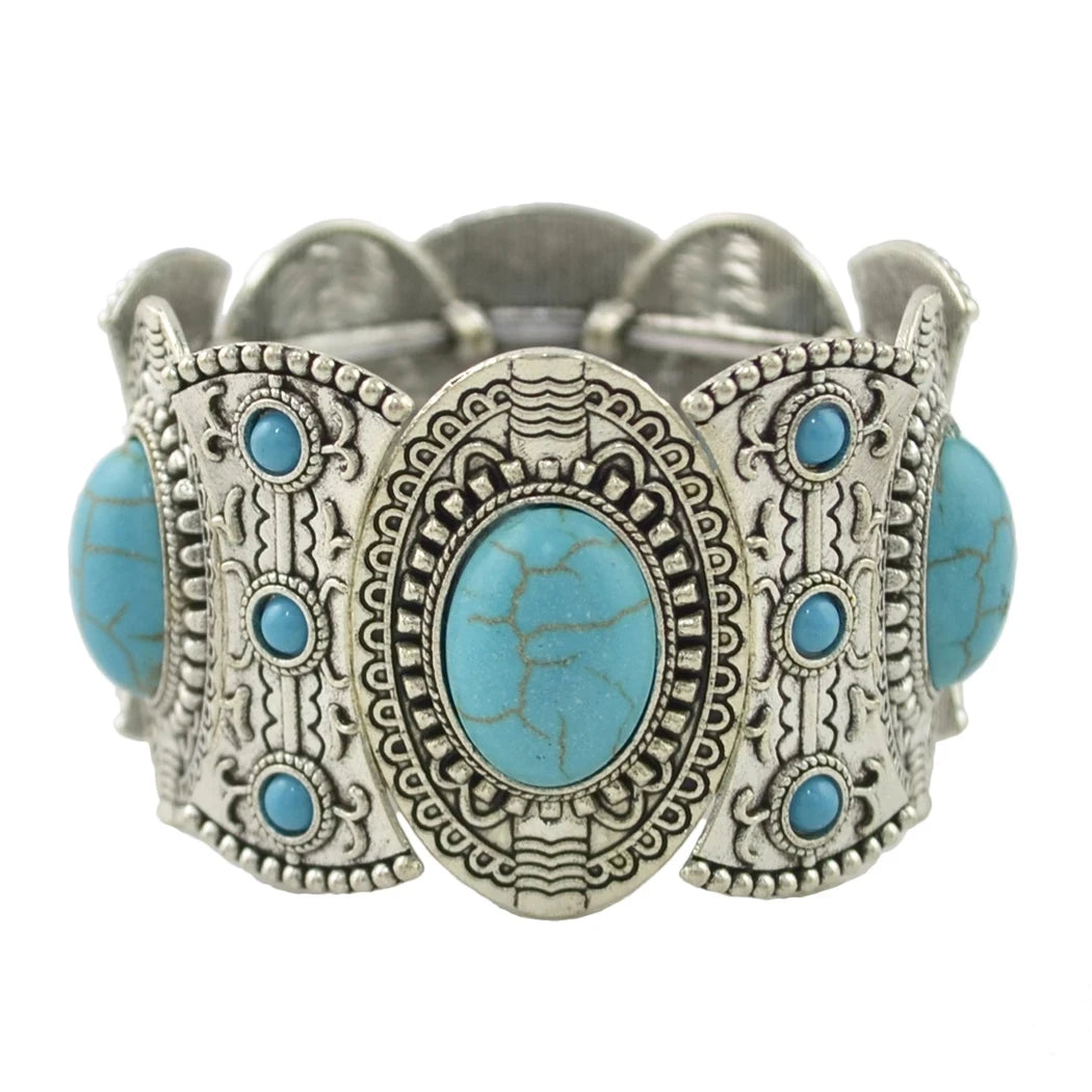 Gypsy Tribal Tibetan Bracelet for Women Boho Vintage Silvery Men's Turquoise Elastic Bangle Afghan Turkish Ethnic Indian Jewelry