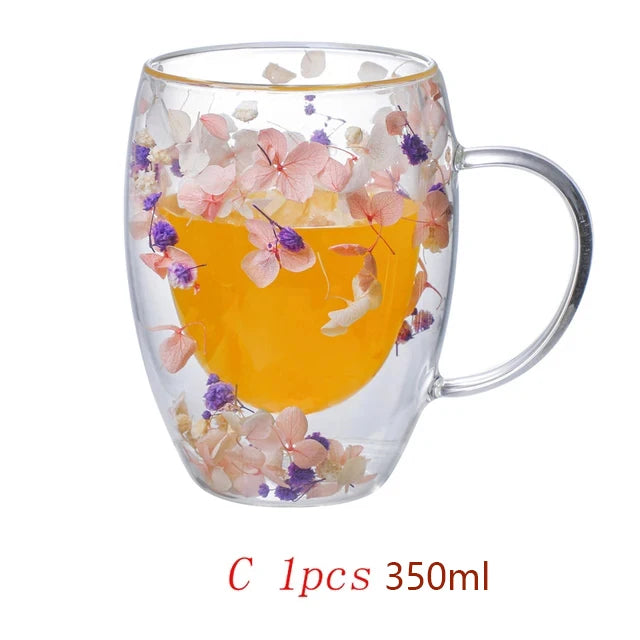 KIMLUD, 350ml Double Wall Coffee Mug With Handles Clear Milk Cups Gifts Glass Cup Fill Artificial Simulation Flowers Teacup, C / 350ml, KIMLUD APPAREL - Womens Clothes