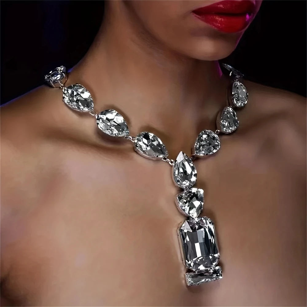 Exaggerated Shiny Big Rhinestone Clavicle Chain Jewelry Women's Fashion Wedding Party Crystal Bride Wearing Accessories