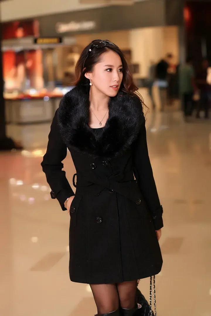 Mid Length Wool Coats Women Fur Collar Splice Blends Korean Full Sleeve Double Breasted Lace Up Belt Thick Warm Winter Jackets