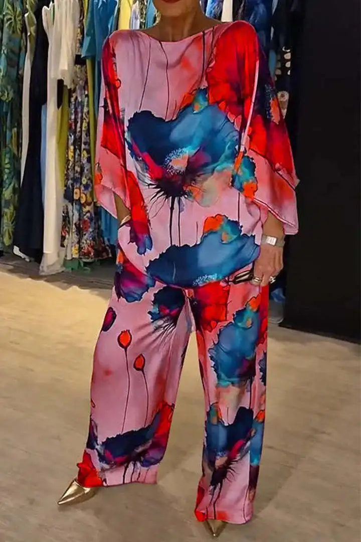 Summer Fashion Printed Satin Two Piece Sets Women Sexy Round Neck 3/4 Sleeved Top + Wide Leg Long Pants Casual Two Piece Set