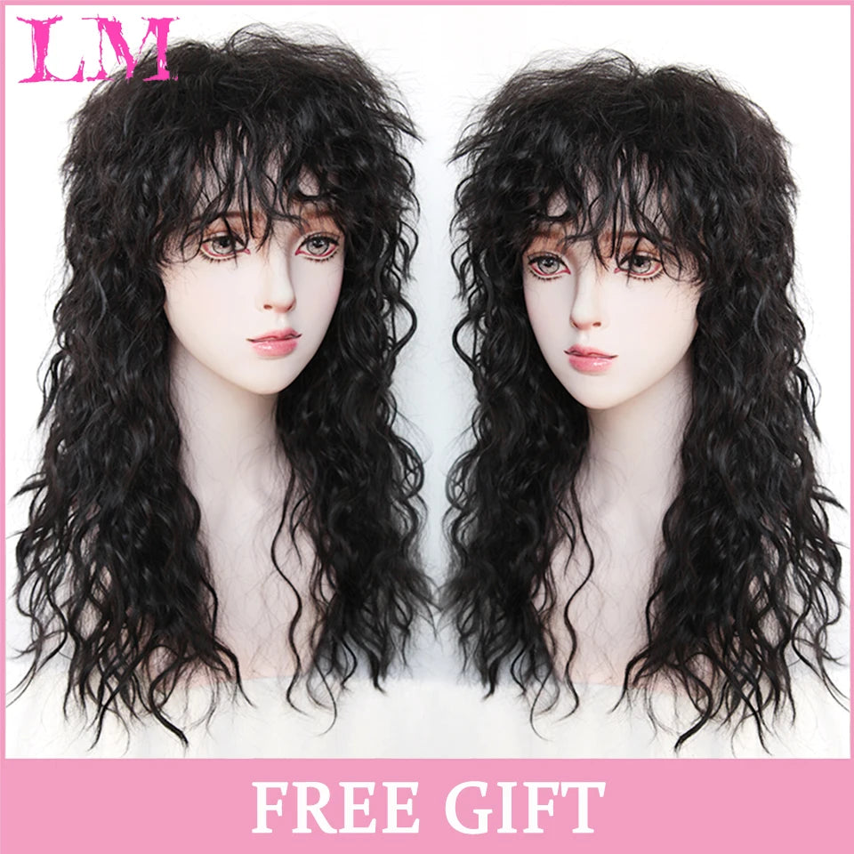 LM Long Natural Wavy Platinum Blonde Pink Wigs with Bangs Cosplay Party Lolita Synthetic Wigs for Women Heat Resistant Fiber