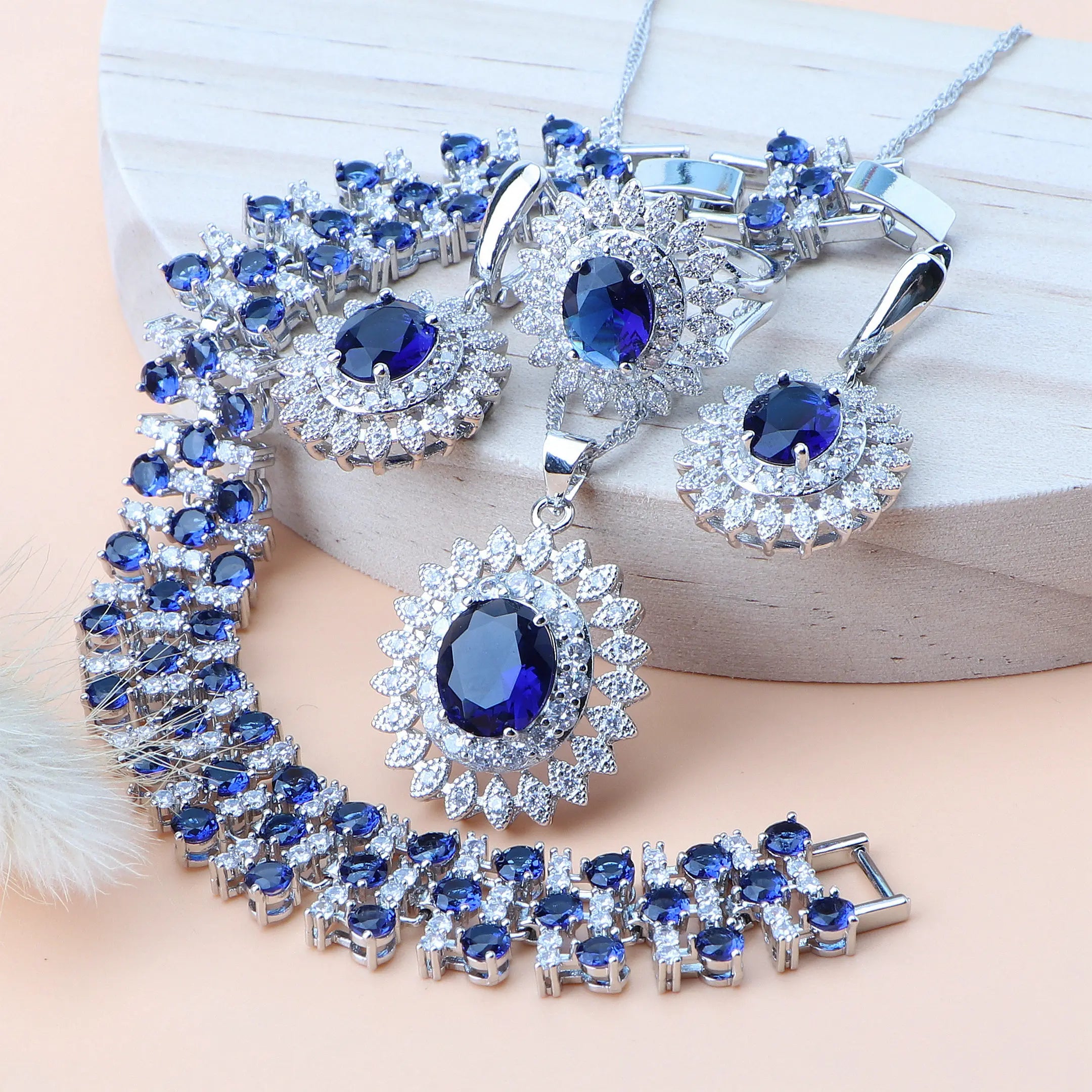 KIMLUD, Natural Bridal Jewelry Sets Silver 925 Jewelry Ring Pendant Necklace Earrings Bracelets Wedding Blue Cubic Zircon Set For Women, 4PCS-Blue / 9, KIMLUD APPAREL - Womens Clothes