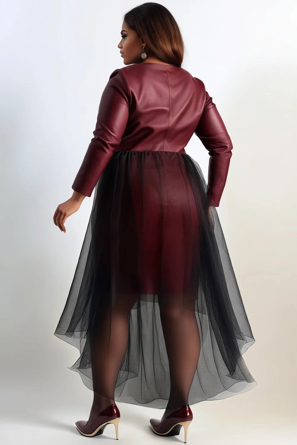 Plus Size Cocktail Party Burgundy Wrap Neck Long Sleeve Asymmetric Hem Contrast Tulle PU Leather Midi Dresses - KIMLUD