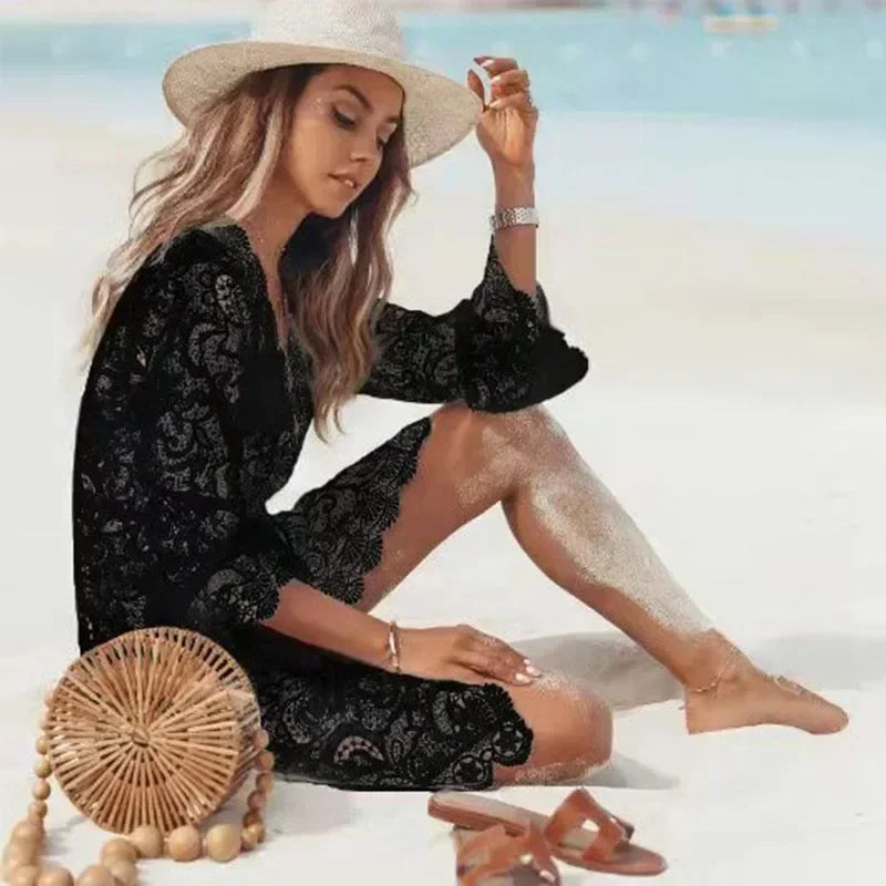 Bikini Cover Ups for Women Beach Sundress Boho Crochet White Knitted V-neck Scallop Trim Lace Dress Tunic Pareos Robe Beachwear