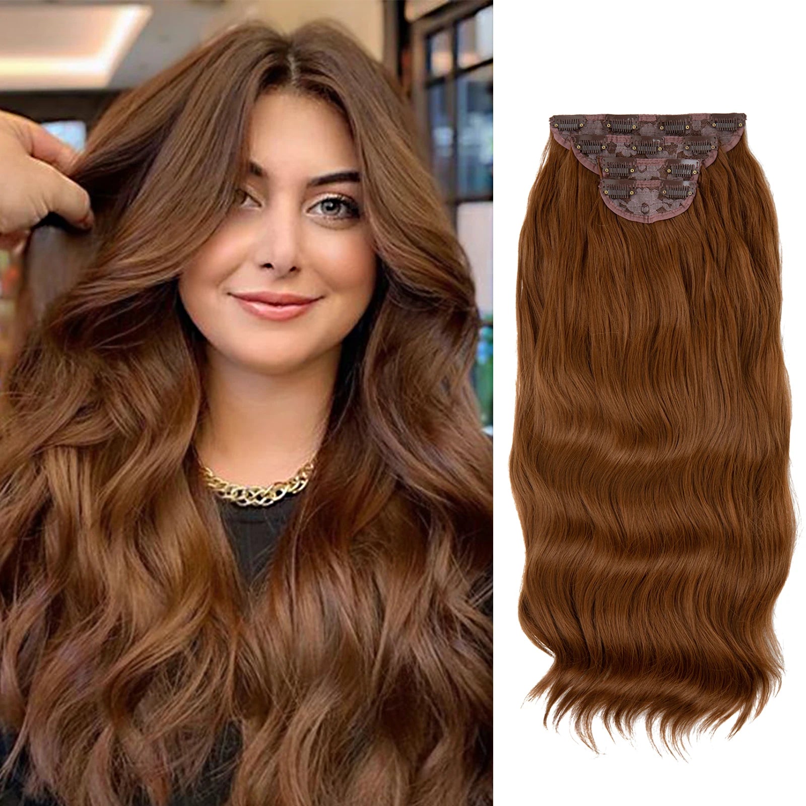 22" 4pcs/set Synthetic Clip In Hair Extensions Elegant Long Wavy Thick Hairpiece Daily Use Brown Blonde Natural Fake Hair