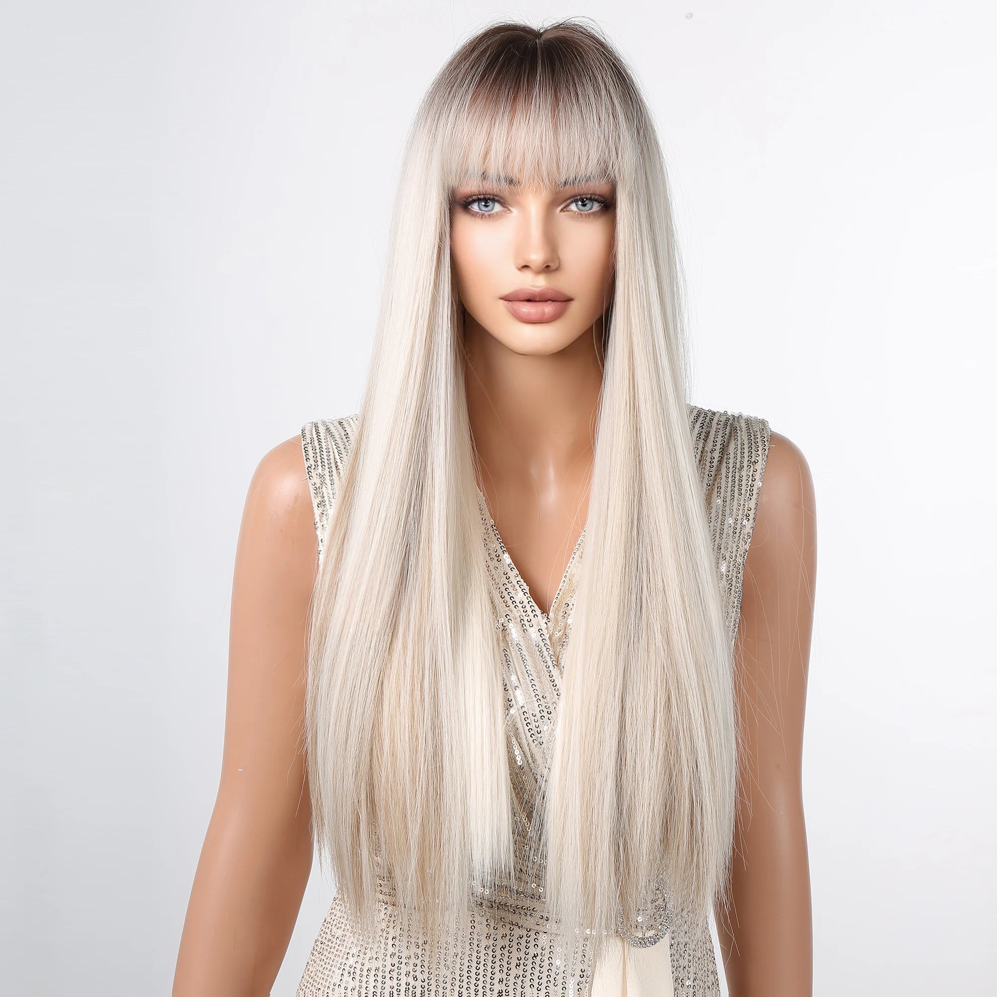 KIMLUD, EASIHAIR Long Silver with Blonde Highlight Synthetic Wigs for Women Straight with Bangs Natural Wigs Cosplay Hair Heat Resistant, KIMLUD Womens Clothes