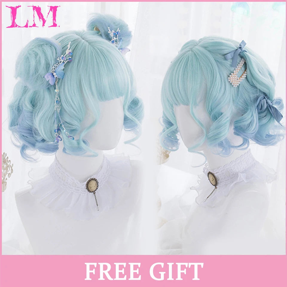 LM Long Natural Wavy Platinum Blonde Pink Wigs with Bangs Cosplay Party Lolita Synthetic Wigs for Women Heat Resistant Fiber