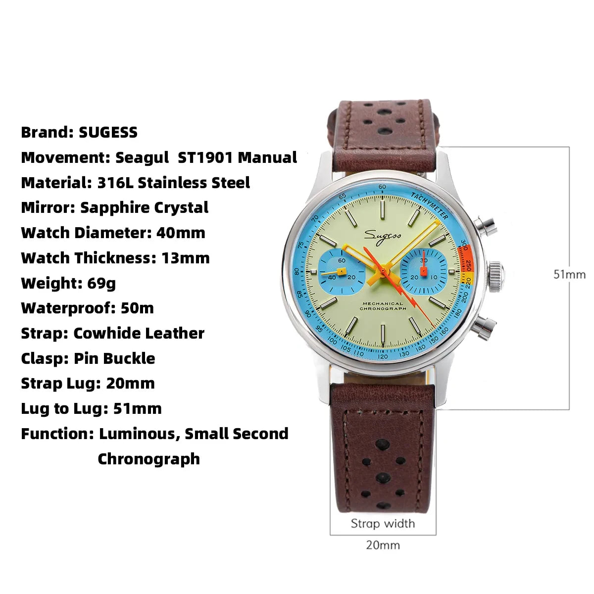 Sugess 1963 Pilot Watch Mens Chronograph Mechanical Wristwatches Original ST1901 Swanneck Movement Sapphire Crystal Racing 2022