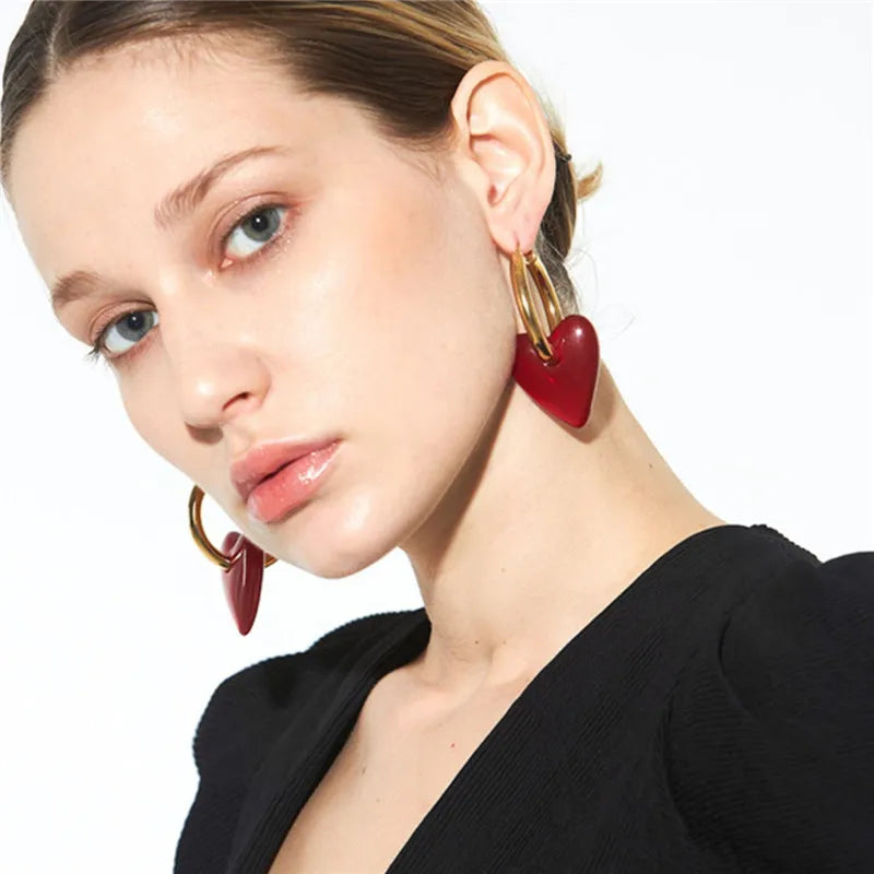 Vintage Red Heart Drop Earrings For Women Personality Big Hoop Earrings Women's Accessories Jewelry