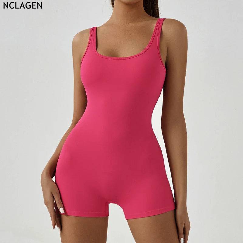 NCLAGEN One Piece Clothing With Chest Cushion Yoga Jumpsuit Women's Gym Overalls Workout Sportswear Fitness Breathable Set