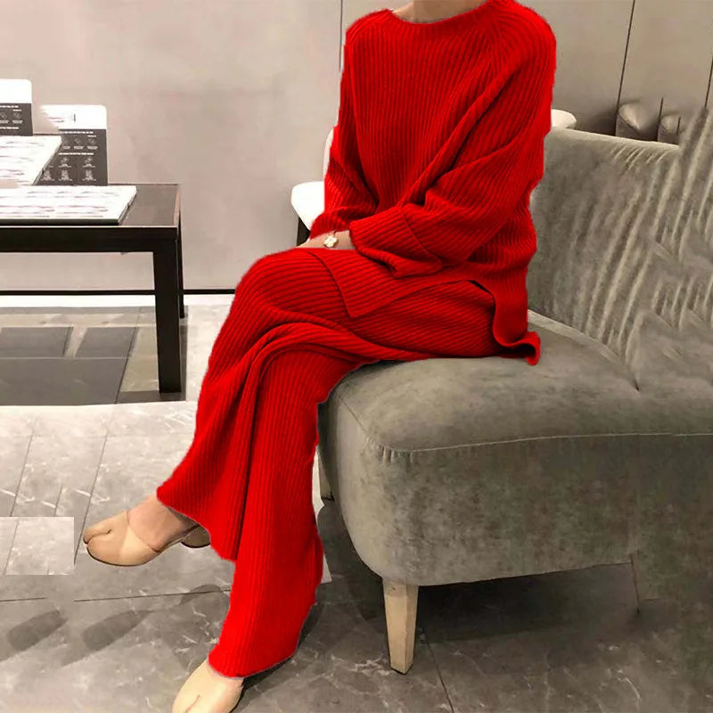 Autumn/winter Fashion Casual O-Neck Pullover Tops Knitted Pant New Homewear Pajama Winter Solid Women Two Piece Set Homewear