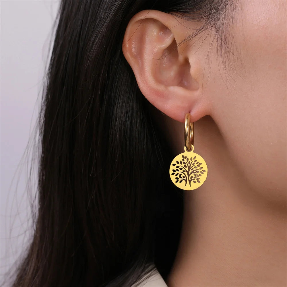 Gold Plated Tree of Life Rond Dangle Hoop Earrings for Women Stainless Steel Luxury Charm Trend Female Earring Jewelry Gifts