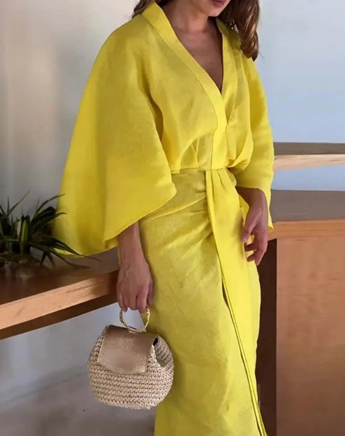 New Fashion for Women 2024 Dress Summer Solid Color Asymmetrical Design Plunge Batwing Sleeve Draped Daily Vacation Midi Dress